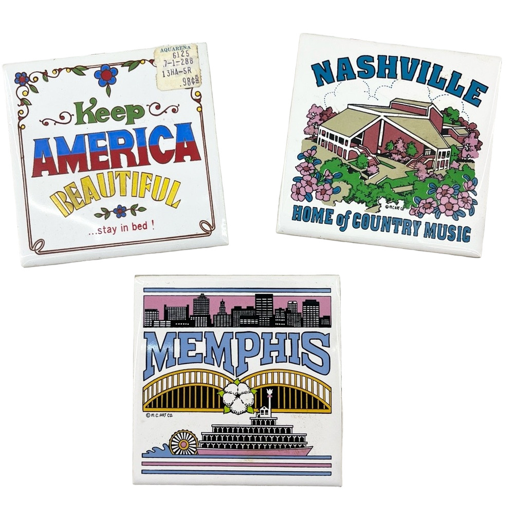 Vintage 3pc Memphis Nashville Tennessee America 5”x5” Ceramic Coaster/Decor Set